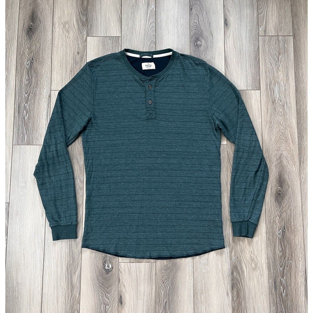 Marine Layer Henley Green Striped Long Sleeve Pullover Men's Sz M Preppy Lounge